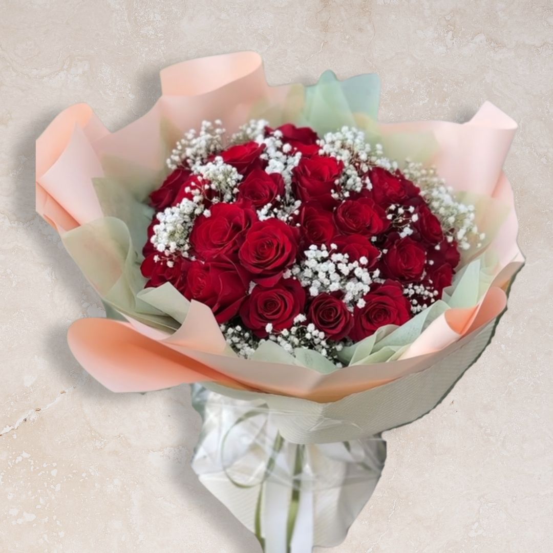 Crimson Eternity - 50 Roses Bouquet with Baby's Breath Filler