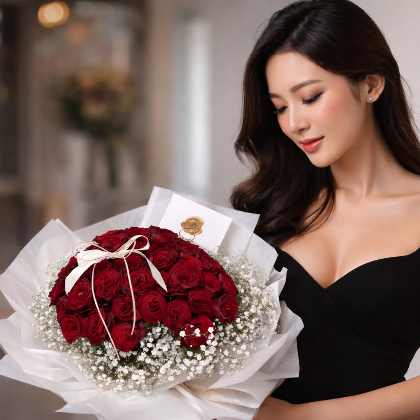 Crimson Eternity - 50 Roses Bouquet with Baby's Breath Filler
